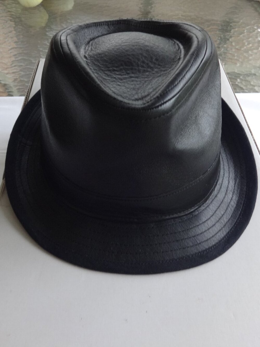 Men's Black Leather Fedora Trilby hat, LXL, 23" inside head band, clean VGC